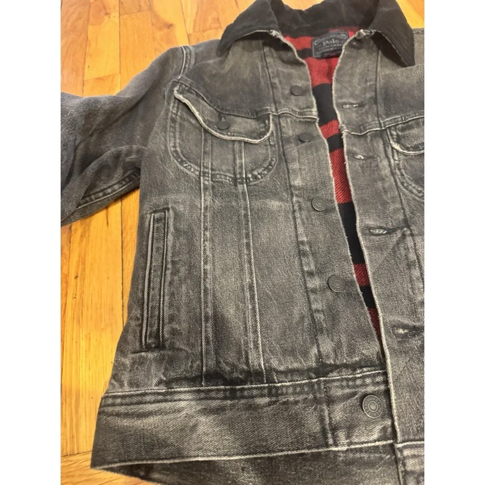 Polo Ralph Lauren Black Denim Trucker Jacket Womens S Buffalo Plaid Lined - Picture 9 of 12